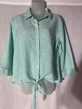 Chico's Mint Green Striped Tie-Front Button-Down Shirt Size2/Large